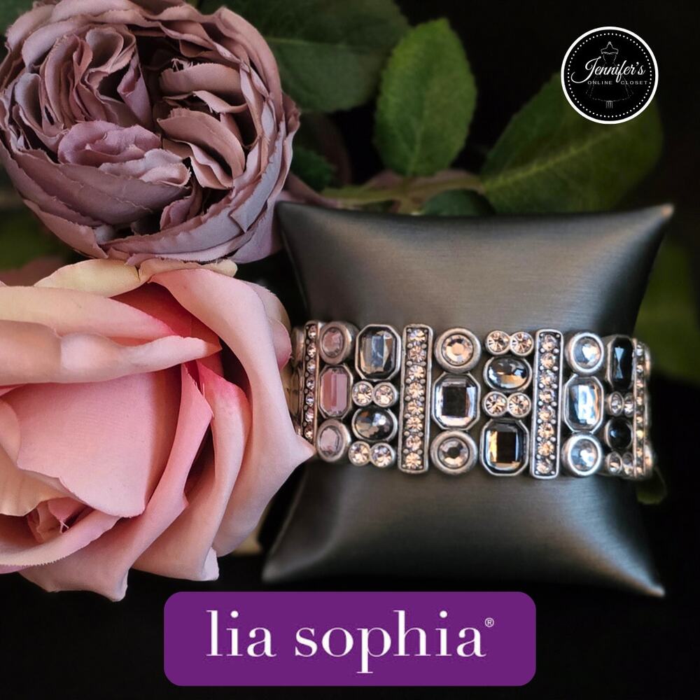 Lia Sophia NEW "Party Favor" Clear & Smoky Grey Crystal Silver Stretch Bracelet